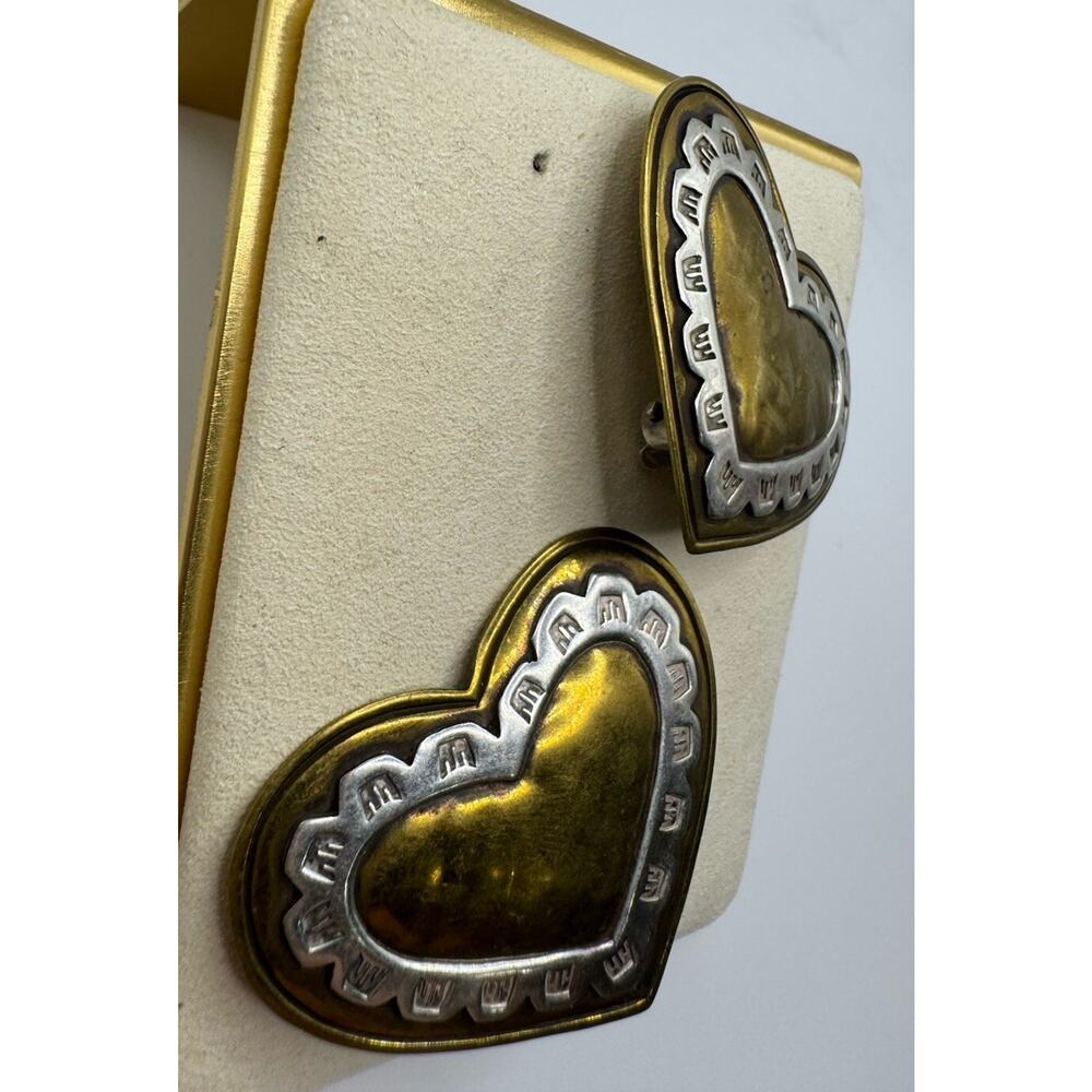 Vintage Sterling Silver & Brass Jeep Collins Retired Large Heart Clip Earrings - Picture 2 of 6